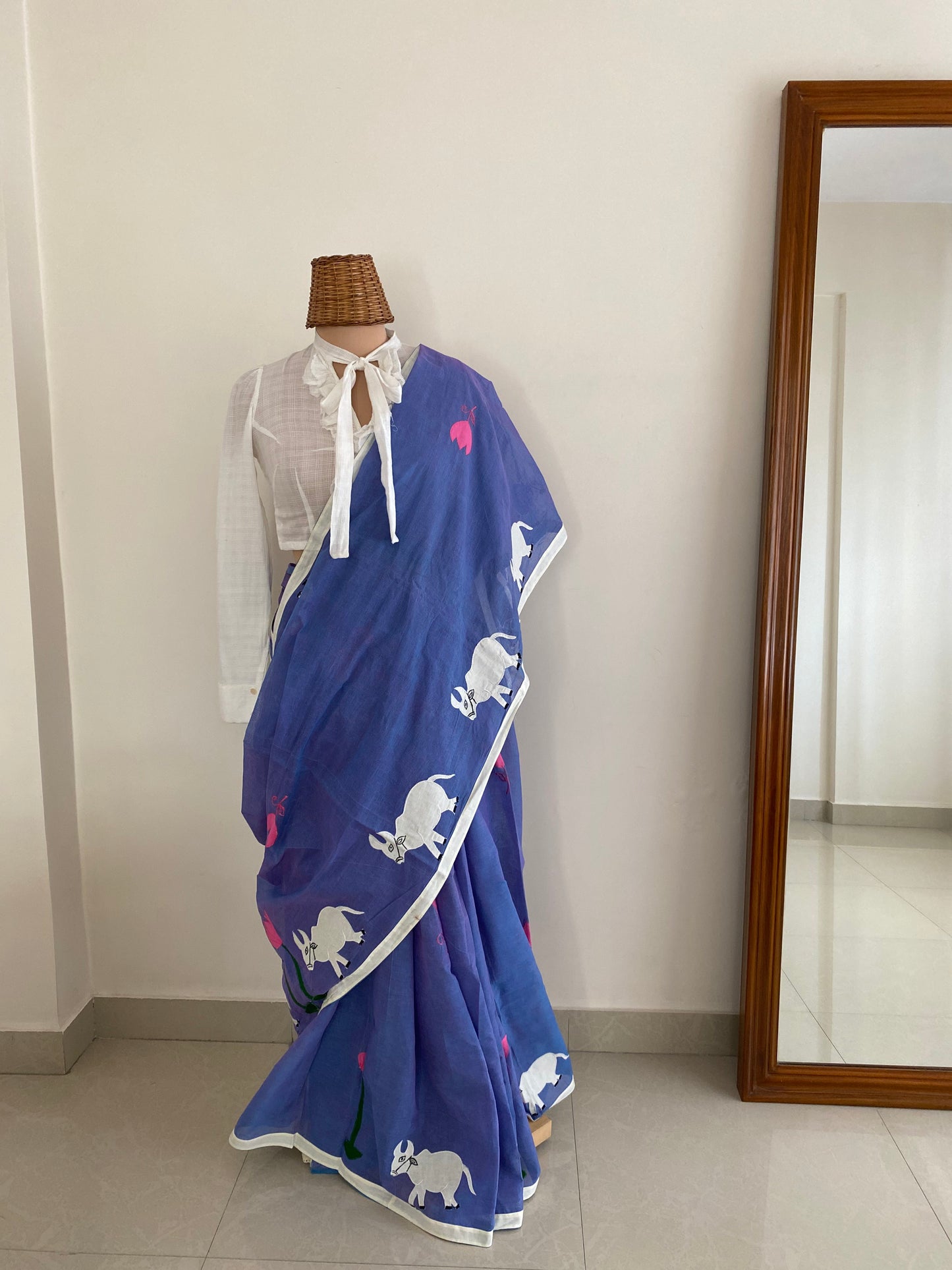 Nandi blue Applique saree