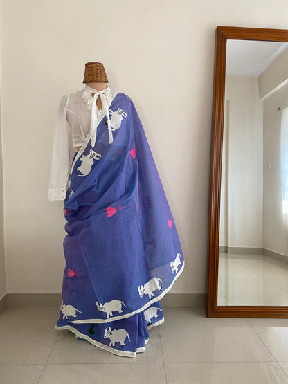 Nandi blue Applique saree