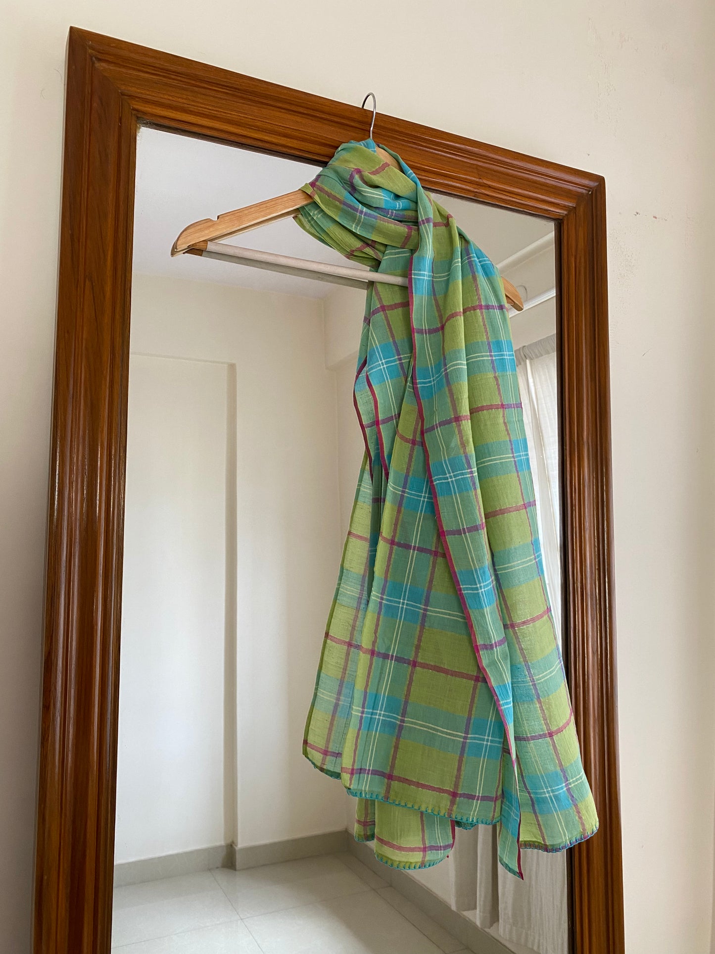Blue green check scarf